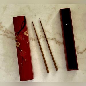Vintage Red Lacquerware Sliding CaseWith Set Of Wooden Chopsticks Floral Design